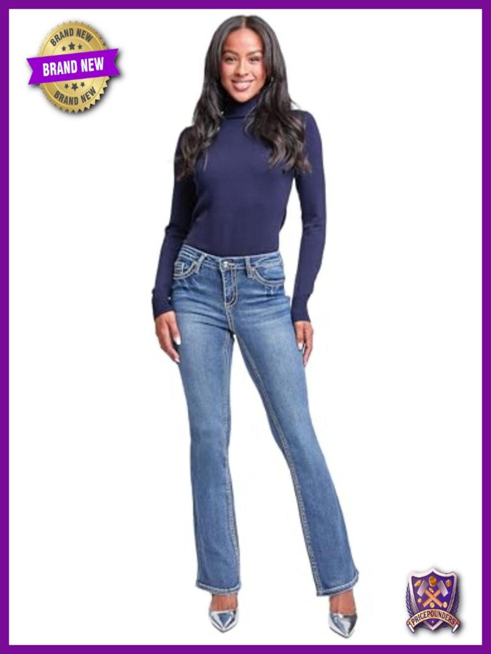 Mid Rise Heavy Stitch Bootcut Cross Studded Jeans - Picture 5 of 6